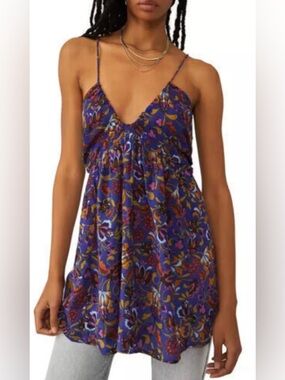 Free People Purple Floral Print Spaghetti Strap Tunic